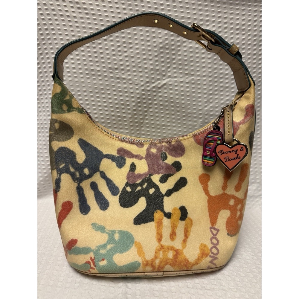 Vntg Y2K Dooney & Bourke Handprint Paint Splatter Hobo Shoulder Bag Cream